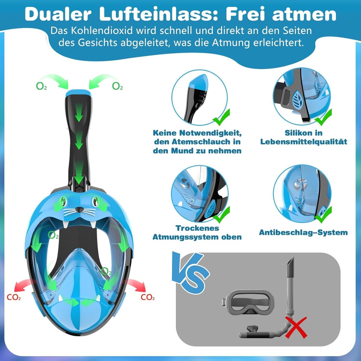Kids full face snorkel mask - CO2 safe diving mask for ages 6 and up with anti-fog, anti-leak, 180° panoramic view. Includes silicone & carrying bag. (Blue, XS)