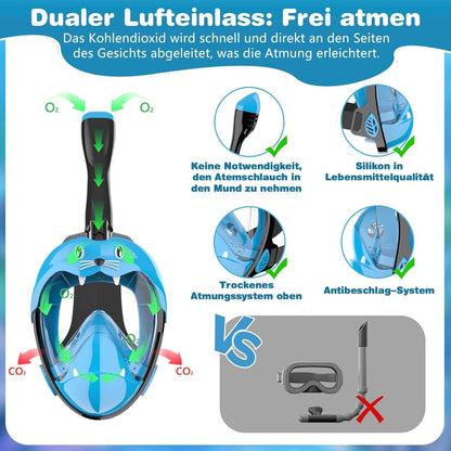 Kids full face snorkel mask - CO2 safe diving mask for ages 6 and up with anti-fog, anti-leak, 180° panoramic view. Includes silicone & carrying bag. (Blue, XS)