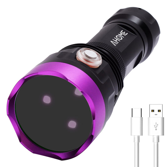 AHOME V30S UV 365nm flashlight [USB rechargeable] black light, ZWB2 filter, 3 high-performance ultraviolet LEDs, [5000mAh battery] and charging cable, for professional/commercial use.