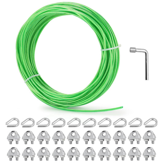 3mm PVC coated wire rope, 30M metal steel wire trellis kit, multi-use clothesline cable for T post | Climbing vine plants outdoors | String light hanging kit