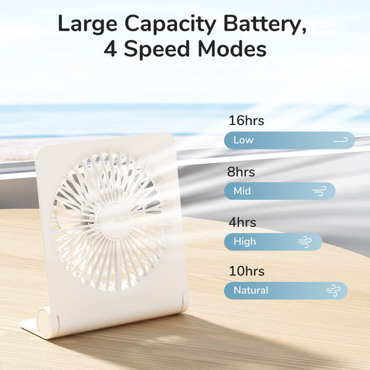 JISULIFE Small Desk Fan, Mini Portable Rechargeable USB Small Fan, 160° Foldable with 4500mAh, Extremely Quiet, 4 Speeds Desk Fan for Office, Home, Camping-White