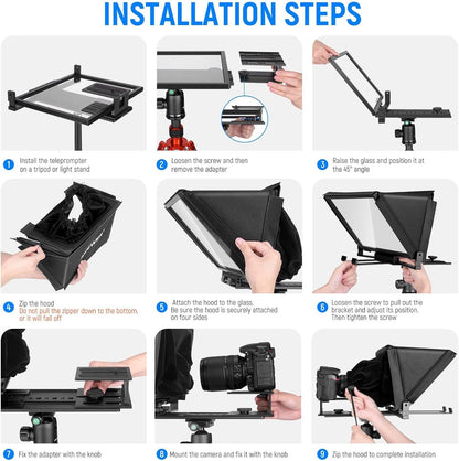 NEEWER X12 Teleprompter made of aluminum alloy with RT-110 remote control and app control, compatible with iPad, iOS/Android tablet, smartphone, DSLR camera, complete metal construction with carrying case.