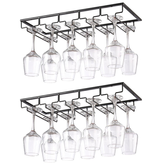 YunNasi 2 Pieces 5 Row Wine Glass Holder Metal Glass Rack Holder Under Cabinet with Screws Hanging Wine Glass Rack for Home Bar Kitchen Bar Pub Restaurant, Black
