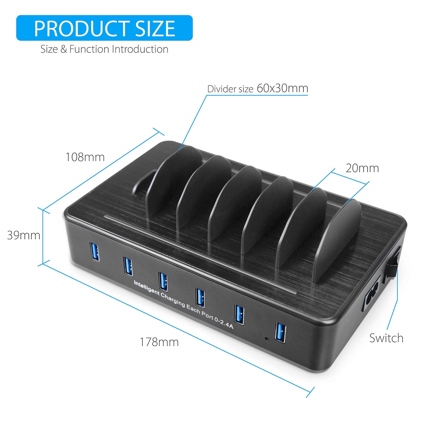 TechDot Mobile USB Charging Station Charging Station Multiple Devices 6 Port USB Multi Charging Station for Mobile Phones Smartphones Tablets (with 3 Micro USB Cables and 3 USB C Cables, Black)