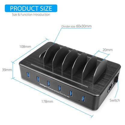 TechDot Mobile USB Charging Station Charging Station Multiple Devices 6 Port USB Multi Charging Station for Mobile Phones Smartphones Tablets (with 3 Micro USB Cables and 3 USB C Cables, Black)