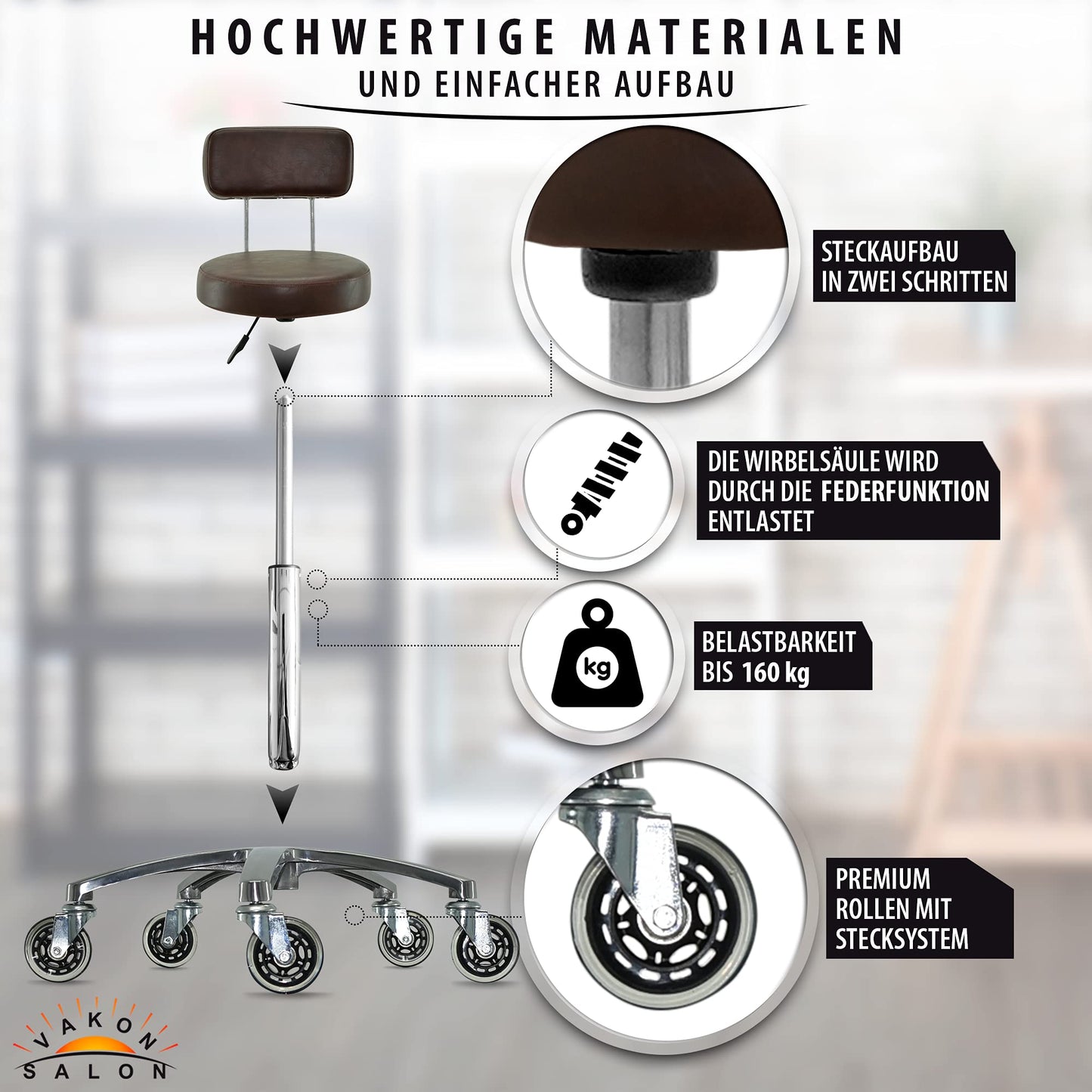 VAKON SALON - Premium rolling stool with backrest in brown - Adjustable height from 50 to 65 cm - Round seat - Swivel stool work stool practice stool.