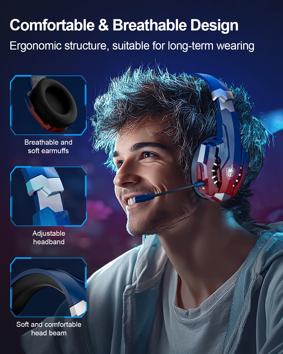PHOINIKAS PS5 Wireless Headset, 2.4G Gaming Headphones Wireless for PC PS4 Switch Mac, Foldable Surround Sound Noise Cancelling Gamer Headset with microphone, Over 50 hours of battery life (Dazzle Blue)