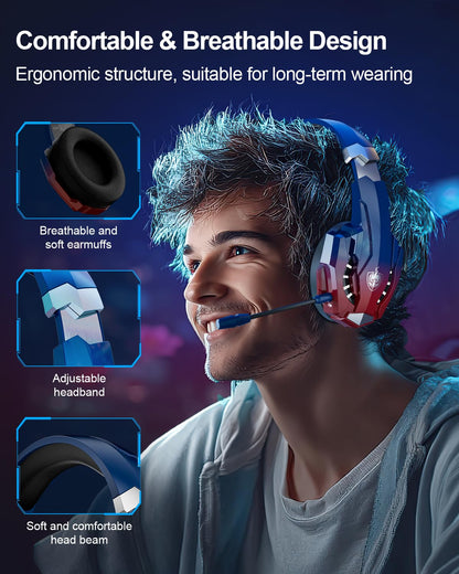 PHOINIKAS PS5 Wireless Headset, 2.4G Gaming Headphones Wireless for PC PS4 Switch Mac, Foldable Surround Sound Noise Cancelling Gamer Headset with microphone, Over 50 hours of battery life (Dazzle Blue)