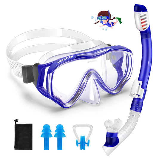 Kids Snorkel Set, HIKOTEY Snorkel Mask with 2-Channel Premium Dry Snorkel, 180° Panoramic Hardened Glass Anti-Leak Snorkel Masks for Boys Girls (4-12 years) - Pacific Blue