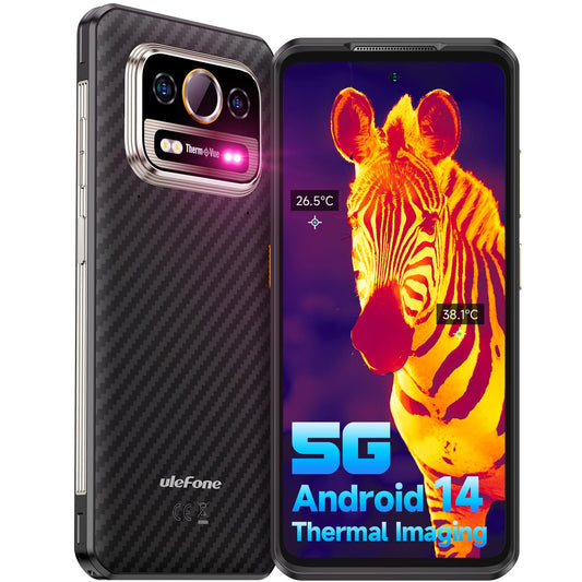 Ulefone Armor 25T Pro 5G outdoor phone with thermal imaging camera, 256GB+12GB/2TB Dimensity 6300 Android 14, 50MP+64MP night vision, 33W fast charging/6500mAh battery, 6.78" 120Hz IP68 smartphone, dual SIM, fingerprint sensor, NFC, 2-year warranty.