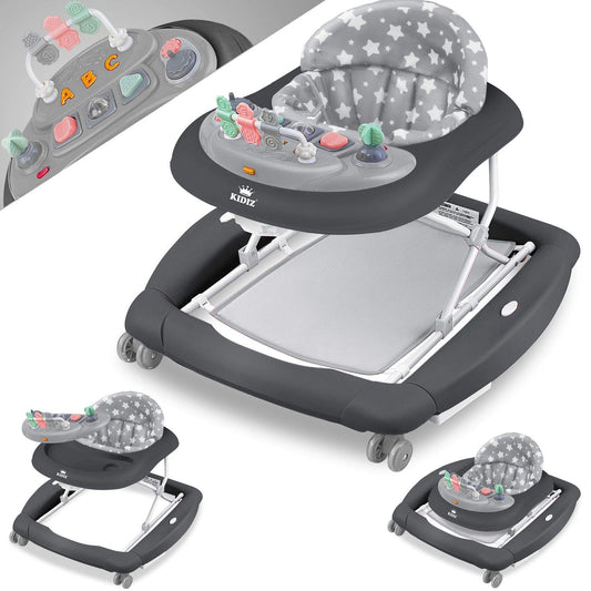 KIDIZ® 4in1 Baby Walker with rocking function, swivel wheels, lights, music, activity center, eating table, and folding feature. Suitable for babies from 6 months old. Grey color.