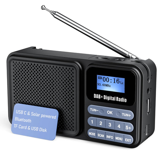 Gallypek portable DAB radio, DAB plus radio FM radio with Bluetooth 5.0 & 80 presets kitchen radio with cable or 2000mAh battery, supports solar & USB charging USB flash drive/TF/AUX connection.