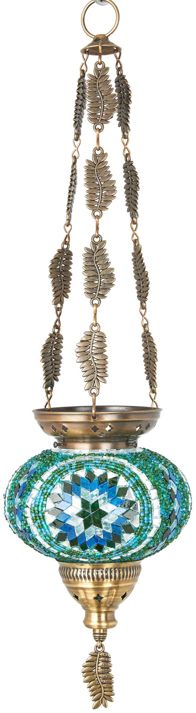 DEMMEX Turkish Moroccan colorful mosaic Bohemian boho hanging candle holder lantern with handmade colorful glass ball and metal leaf chains, 61 cm (Cutsie)