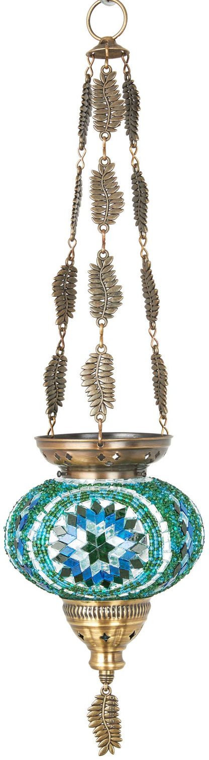 DEMMEX Turkish Moroccan colorful mosaic Bohemian boho hanging candle holder lantern with handmade colorful glass ball and metal leaf chains, 61 cm (Cutsie)