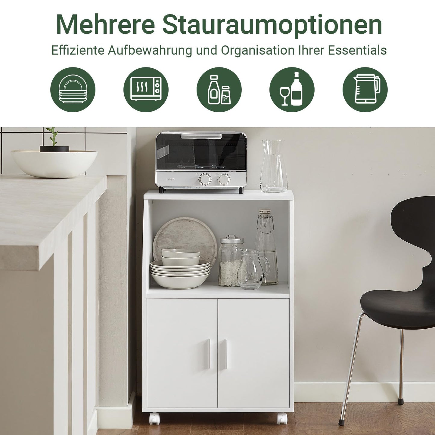 SoBuy Kitchen Trolley with Worktop, Mobile Serving Trolley with Drawer, Microwave Cabinet on Wheels, White Kitchen Cabinet Trolley for Small Kitchens, Office, or Dining Room. 92x59x40cm FRG241-W.