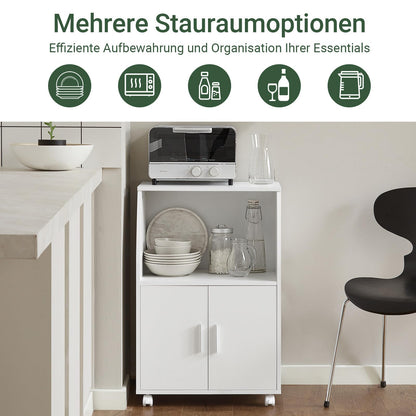 SoBuy Kitchen Trolley with Worktop, Mobile Serving Trolley with Drawer, Microwave Cabinet on Wheels, White Kitchen Cabinet Trolley for Small Kitchens, Office, or Dining Room. 92x59x40cm FRG241-W.