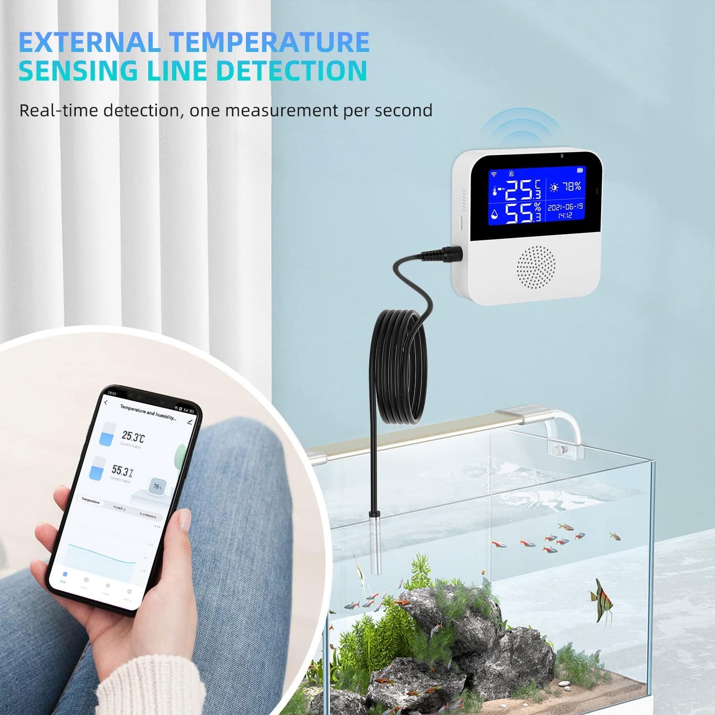 WiFi temperature sensor with waterproof external probe, Tuya smart temperature humidity monitor with backlight LCD display, buzzer alarm & app notification alert. Remote monitor for incubator and wine cellar.