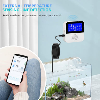 WiFi temperature sensor with waterproof external probe, Tuya smart temperature humidity monitor with backlight LCD display, buzzer alarm & app notification alert. Remote monitor for incubator and wine cellar.