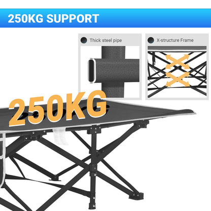 OVERMONT Folding Camp Bed with Mattress - Foldable Camping Cot 2PCS 190 x 71 x 36 cm - Holds up to 250kg - 2400D Oxford Fabric with Side Pocket Carrying Bag for Camping Garden Office Black