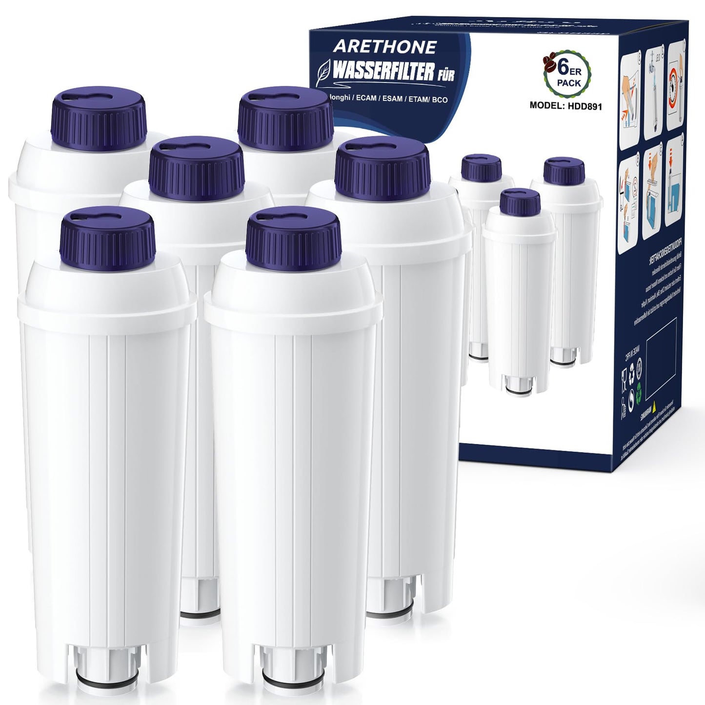 ARETHONE water filter, replacement for De'Longhi coffee machines DLSC002 filter, compatible with De'Longhi Magnifica S, Dinamica, Eletta Explorer, ETAM, EPAM series (6 pieces)