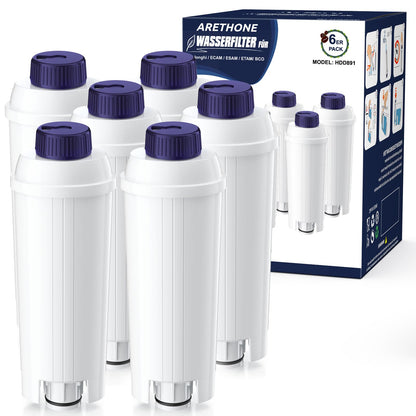 ARETHONE water filter, replacement for De'Longhi coffee machines DLSC002 filter, compatible with De'Longhi Magnifica S, Dinamica, Eletta Explorer, ETAM, EPAM series (6 pieces)