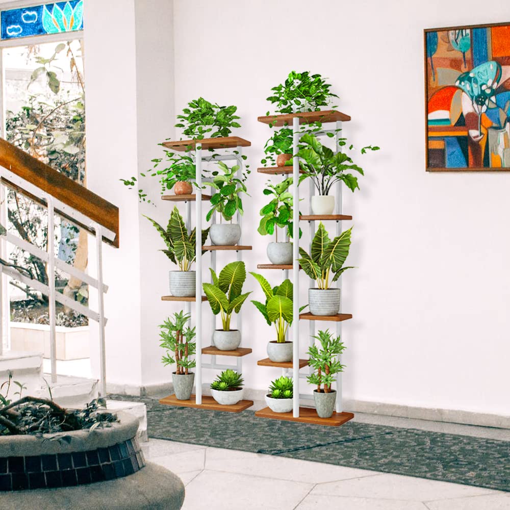 QLFJ-FurDec 7-Tier Plant Stand Holder Indoor, Wood and Metal Standing Flower Pot Shelf, 7-Tier 8-Pot Multi Flower Pot Holder for Balcony Garden Windowsill Corner (8 Pots, White)