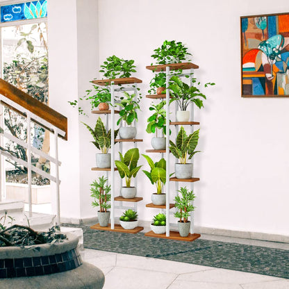 QLFJ-FurDec 7-Tier Plant Stand Holder Indoor, Wood and Metal Standing Flower Pot Shelf, 7-Tier 8-Pot Multi Flower Pot Holder for Balcony Garden Windowsill Corner (8 Pots, White)