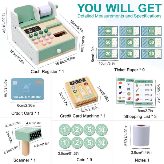 OSLINE gift for 2 3 4 5 year old girls boys, Montessori wooden toy cash register for children aged 2-5 years, including play money, card reader, and grocery store accessories, perfect birthday gift for kids.