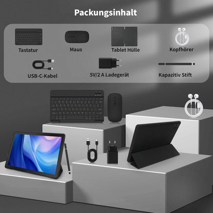 10-inch tablet 8-in-1 kit Android 14 tablet PC with case keyboard mouse stylus headphones charger cable Octa-Core 12GB RAM 64GB ROM 1TB TF expandable 1280x800 IPS touchscreen 5000mAh battery (Black)