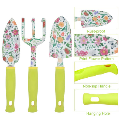 STANEW Garden Tools Set, High Performance Aluminum Gardening Supplies, Outdoor Gardening Gear for Women with Flower Print, 5 PCS including Trowel, Hand Rake, Transplanter, Gloves, Apron