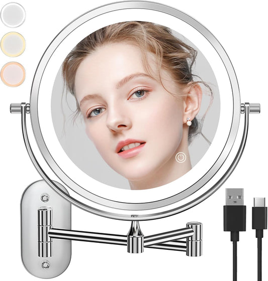 Auxmir Makeup Mirror with Lights, 1X/10X Rechargeable Cosmetic Mirror Wall Mounted, Double-sided Magnifying Mirror with 3 Light Colors, Touchscreen, 360° Rotatable for Bathroom