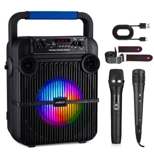 JAMELO Karaoke machine with 2 microphones, Bluetooth speaker with light effects, PA system supports TF card/USB/AUX IN, karaoke machine system for party/meeting/wedding/home KTV gift.