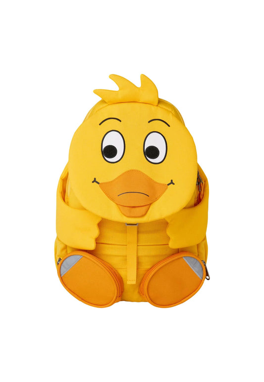 Monkey Big Friend Kids Backpack in the shape of the duck from the German TV show "Die Sendung mit der Maus", yellow, reflective, ergonomic, name on extendable tongue, 8 liters, size: 20 x 31 x 12 cm, AFZ-FAL-001-042