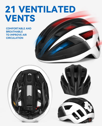 FUNWICT Bike Helmet with Visor for Men Women, Lightweight Bicycle Helmet with Magnetic Goggles and USB Rechargeable LED Light, Stylish Mountain Bike Helmet Size M/L/XL (XL: 59-63 cm, Black White)