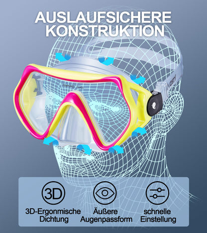 Adult snorkeling set includes adult snorkel mask with 180° panoramic view, anti-fog tempered glass, and adjustable silicone strap for snorkeling and swimming.
