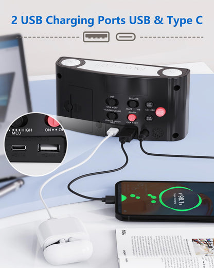 Alarm clock with vibration for deep sleepers & hearing impaired, Type C charger, 12/24 H, loud alarm with 7 ear-piercing levels, large LED display, dimmer, snooze, battery backup, digital alarm clock for bedroom.
