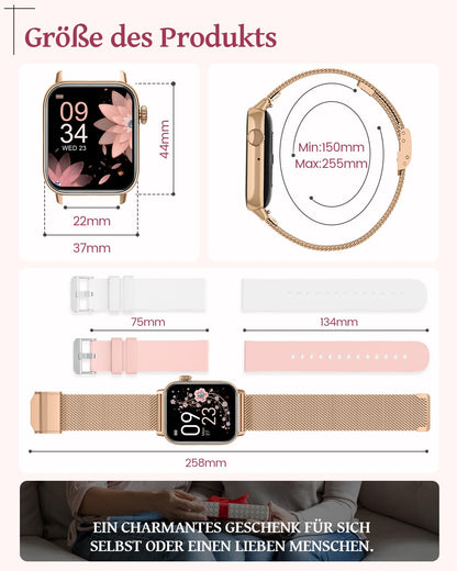SWGOTA Women's Smartwatch with phone function, 1.83" fitness tracker heart rate monitor sleep tracker step counter SpO2 menstrual cycle, 113 sports modes IP68 waterproof sports watch for women iOS Android Gold