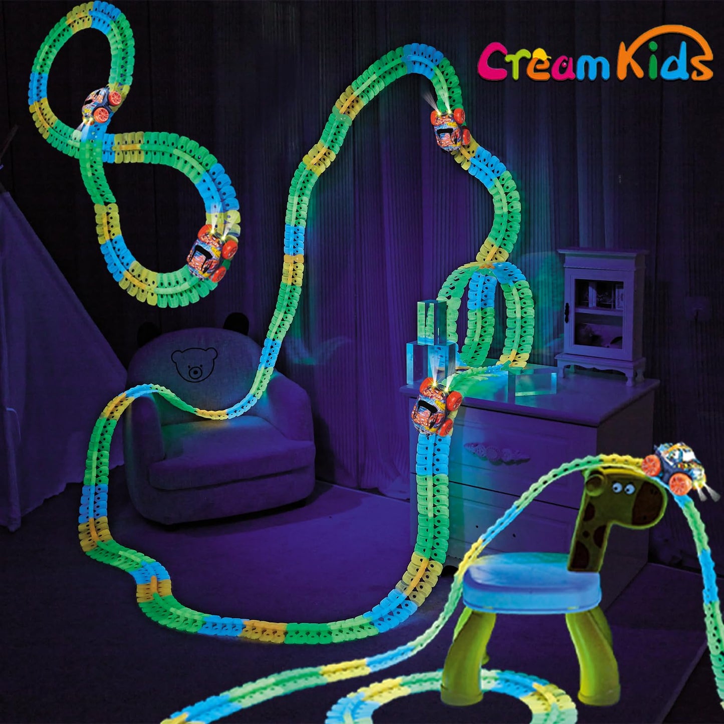 CREAMKIDS Racing Track Car Toy Set,Slot Car Racing Tracks,360° Rotation Race Car with Lights,Flexible Wall Crawling Race Track,Christmas Birthday Gift Toy for Kids 4-12 (60 pieces)