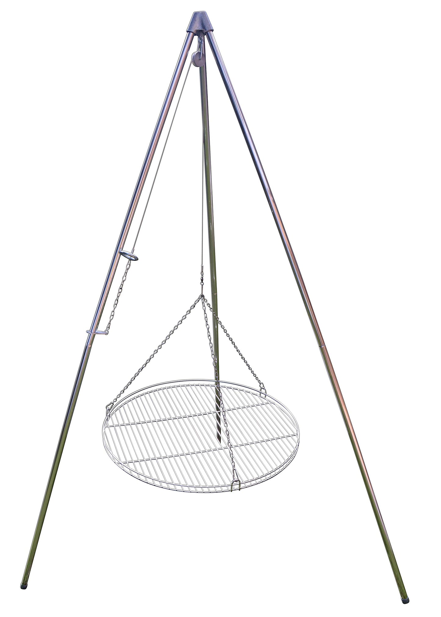 Three-legged swing grill including 60 cm stainless steel grate from German production.