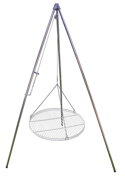 Three-legged swing grill including 60 cm stainless steel grate from German production.