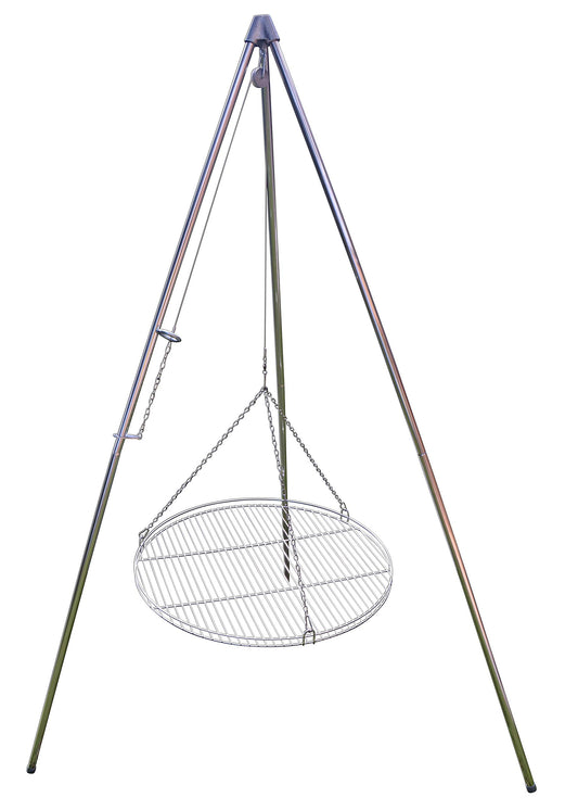 Three-legged swing grill including 60 cm stainless steel grate from German production.