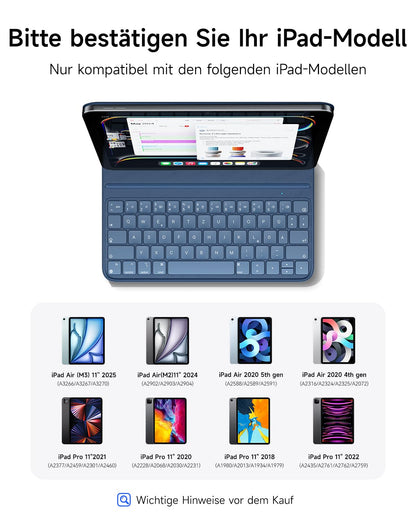 HOU Folio Keyboard for iPad Pro 11 (2018-2022), Air 11 inch (M3/M2, 2025/2024), Air 5/4 Generation, Slim Skin Feel - Case, Adjustable Angle, QWERTZ, Black