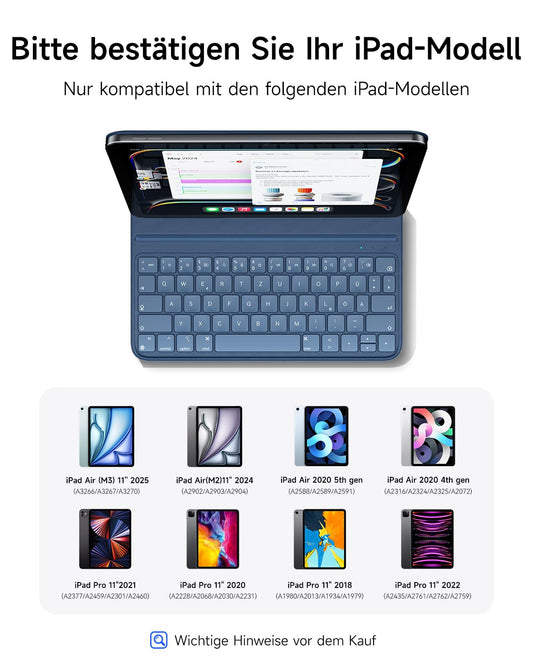 HOU Folio Keyboard for iPad Pro 11 (2018-2022), Air 11 inch (M3/M2, 2025/2024), Air 5/4 Generation, Slim Skin Feel - Case, Adjustable Angle, QWERTZ, Black