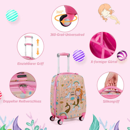 COSTWAY 2pc Kids Luggage Set, Plastic Kids Trolley + Backpack, Children's Suitcase, Kids Travel Luggage, Hard Shell Suitcase for Boys and Girls (Mermaids, 12"+18")