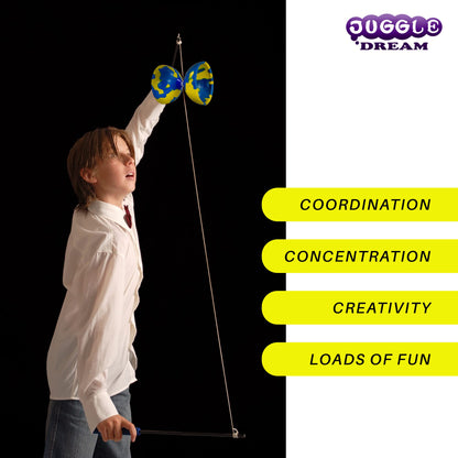 Juggle Dream Jester Diabolo Set - Fixed axle professional diabolo with Superglass handsticks, online learning video - juggling toy (Blue/Yellow)