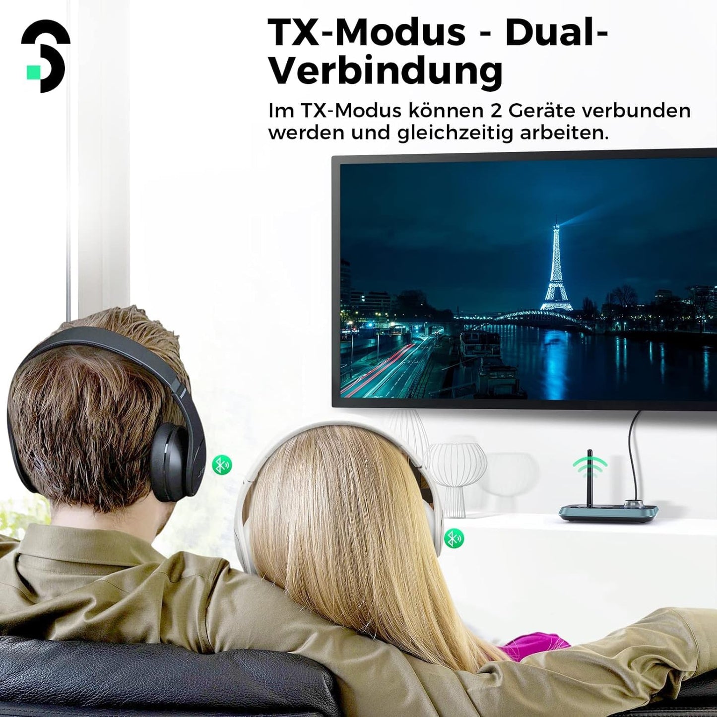 3-in-1 Bluetooth 5.0 transmitter receiver for 2 headphones, SOOMFON Bluetooth adapter for TV PC stereo system, low latency BT transmitter receiver with volume control, aux/RCA/optical.