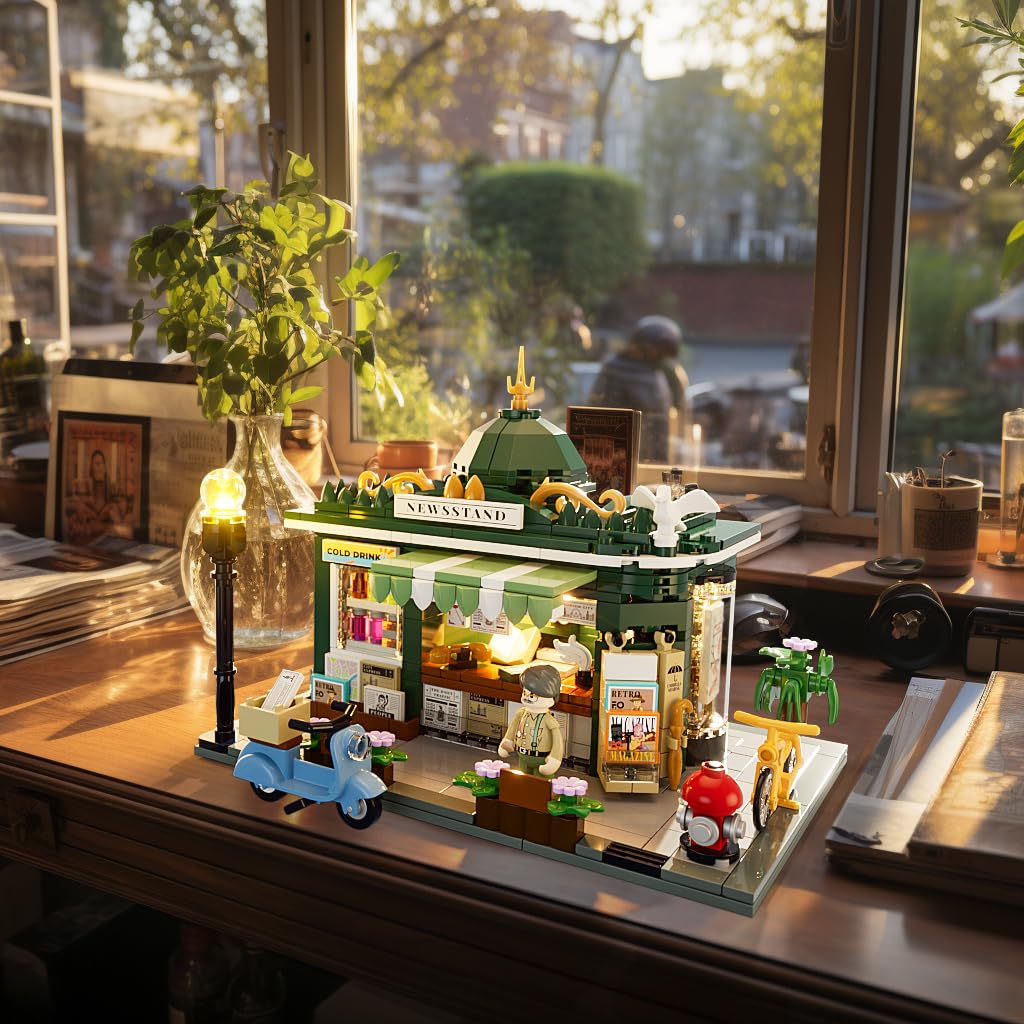 FUNWHOLE Kiosk Lighting Clamp Building House, Desk Decor, Retro Modular Building City Life Set, Gift for Adults and Teens, 556 Pcs, F9023, Newsstand