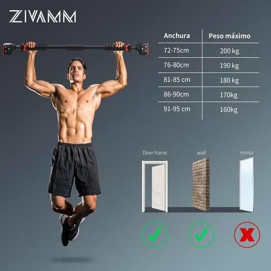 Adjustable pull-up bar for indoor use, wall-mounted with a secure non-slip grip. Adjustable from 71 to 95 cm and capable of supporting up to 200 kg.