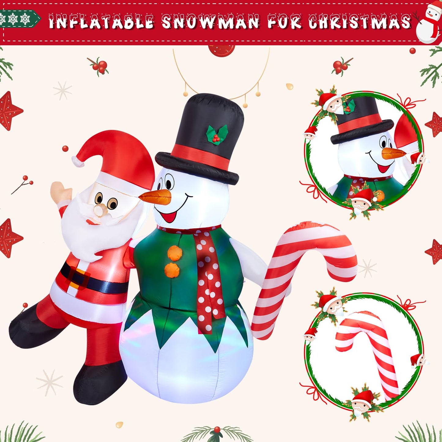 CAMULAND 180CM/6FT Inflatable Christmas Decorations Snowman and Santa Claus with built-in LED lights, Outdoor Christmas Blow up Decoration for yard, garden, and party