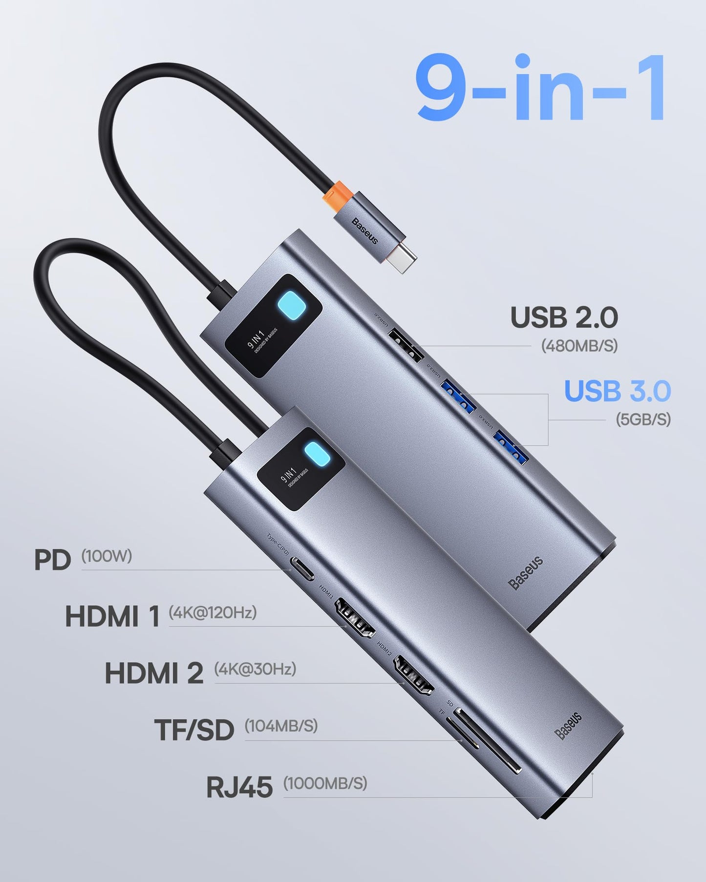 Baseus 9 in 1 Docking Station features USB C 4K@120Hz, dual HDMI monitors, 1000Mbps Ethernet, 100W PD, TF/SD card reader, USB 3.0, and multiport adapter for MacBook, Dell, HP, Surface, Lenovo, and other PCs.